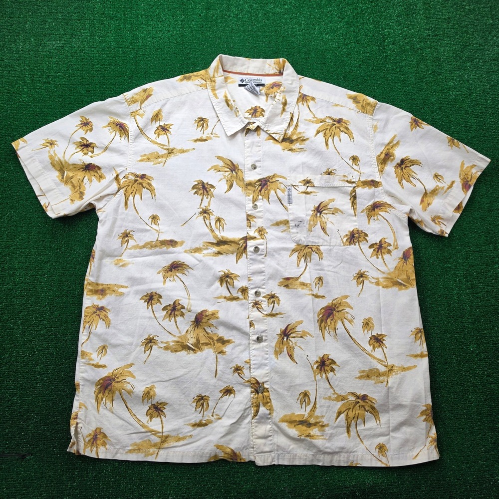 Columbia Sportswear Resort Shirt Mens 2XL White Palm Tree Print Button Up Beach